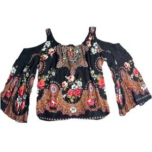 Bila Cold Shoulder Sz M Black/Red Floral Crochet Shoulder&Trim Bell Sleeve Boho